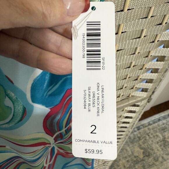 Chico’s IONA V-Neck Slinky Knit Dress Size 2/L SEAWAY BLUE Floral Cap Sleeve NEW - Picture 7 of 10